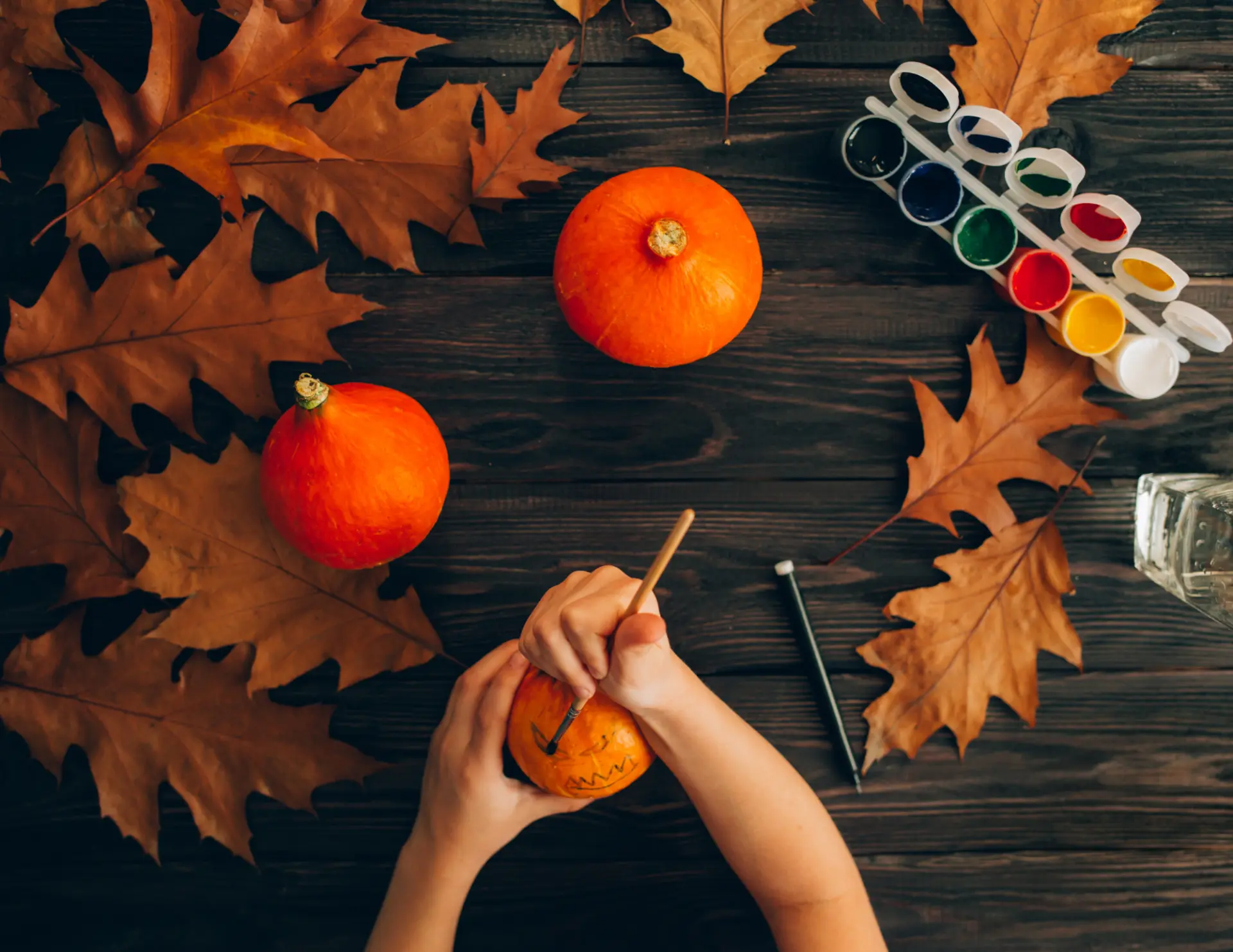 Hands painting small pumpkins on a dark wooden table with fall leaves and watercolor paints